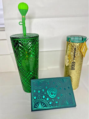 Starbucks x Wicked Metal Gift Card Keychain Gold 16oz Emerald City 24oz Tumblers